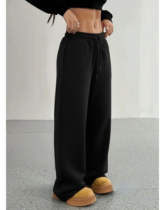 Kadın Yüksek Bel Lastikli Bağcıklı Geniş Kesim Dalgıç Pantolon