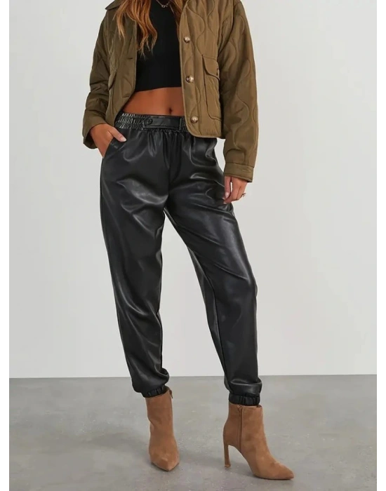Kadın Yüksek Bel Lastikli önü Düğmeli Deri Pantolon