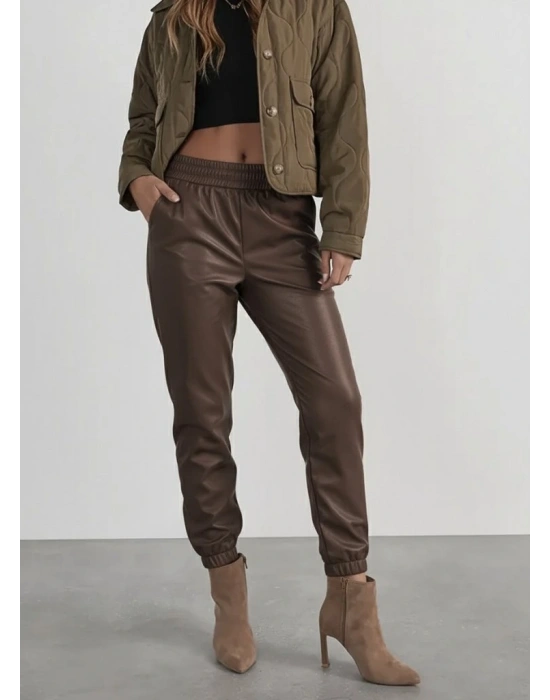 Kadın Yüksek Bel Lastikli önü Düğmeli Deri Pantolon