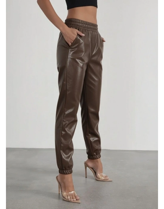 Kadın Yüksek Bel Lastikli önü Düğmeli Deri Pantolon