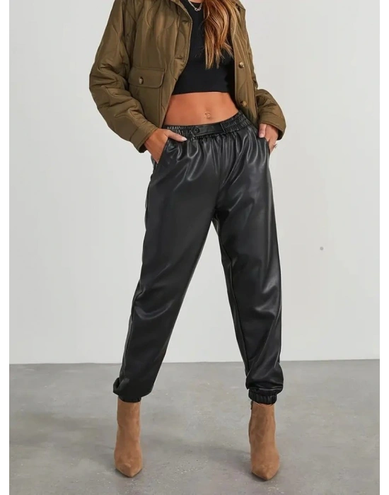 Kadın Yüksek Bel Lastikli önü Düğmeli Deri Pantolon