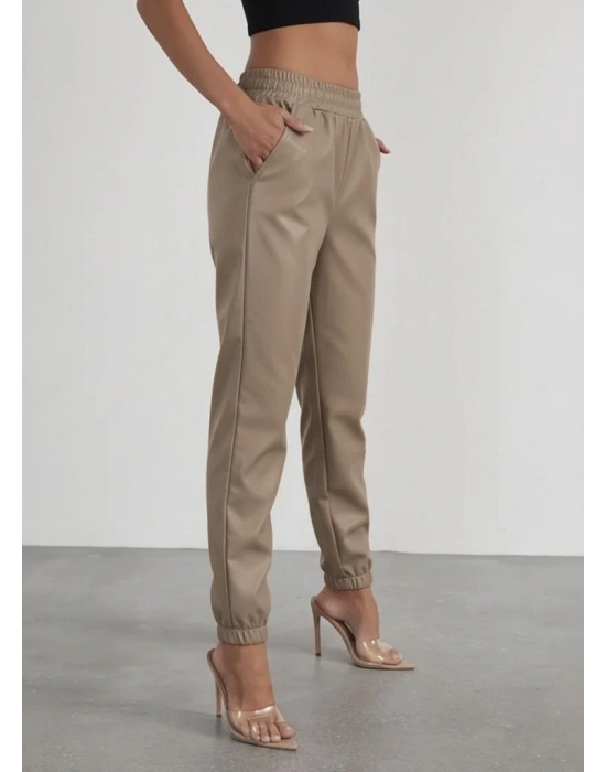 Kadın Yüksek Bel Lastikli önü Düğmeli Deri Pantolon