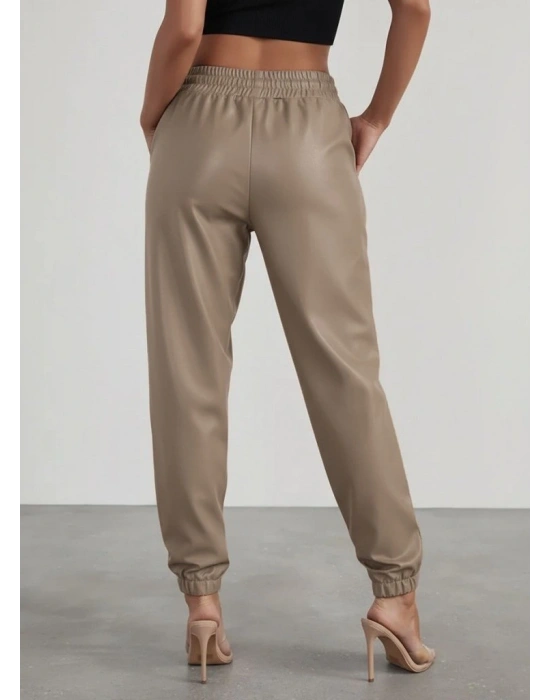 Kadın Yüksek Bel Lastikli önü Düğmeli Deri Pantolon