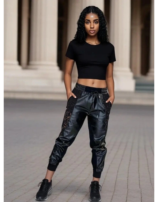 Kadın Yüksek Bel Lastikli Yanda Dantel Detaylı Bağcıklı Deri Pantolon