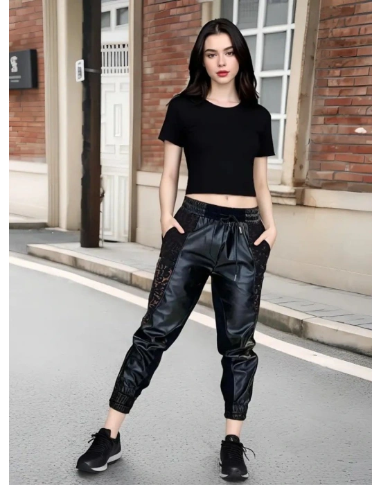 Kadın Yüksek Bel Lastikli Yanda Dantel Detaylı Bağcıklı Deri Pantolon