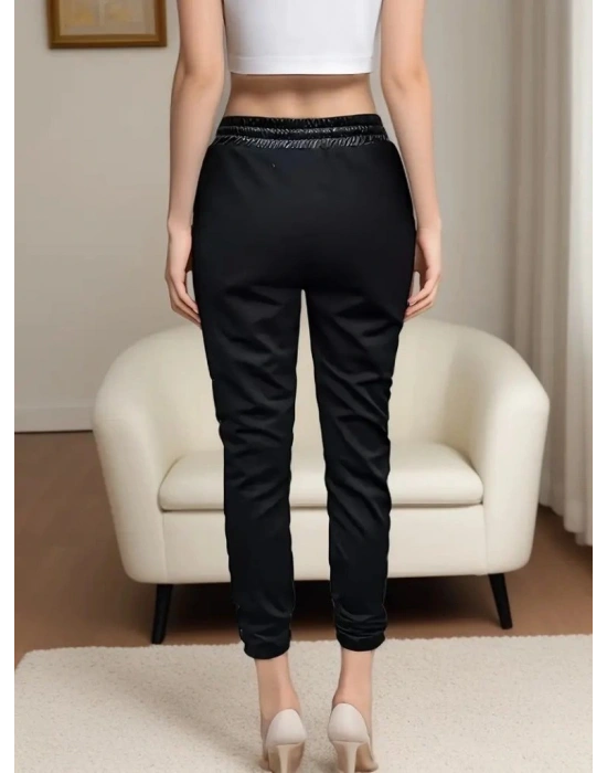 Kadın Yüksek Bel Lastikli Yanda Dantel Detaylı Bağcıklı Deri Pantolon