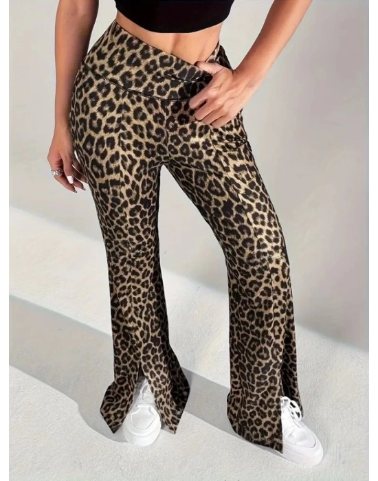 Kadın Yüksek Bel Leopar Desenli Yırtmaçlı Dalgıç Tayt