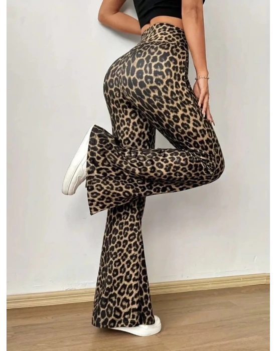 Kadın Yüksek Bel Leopar Desenli Yırtmaçlı Dalgıç Tayt