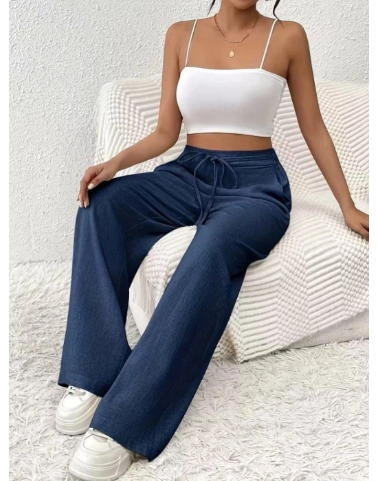 Kadın Yüksek Bel önden Bağlamalı Geniş Kesim Keten Pantolon