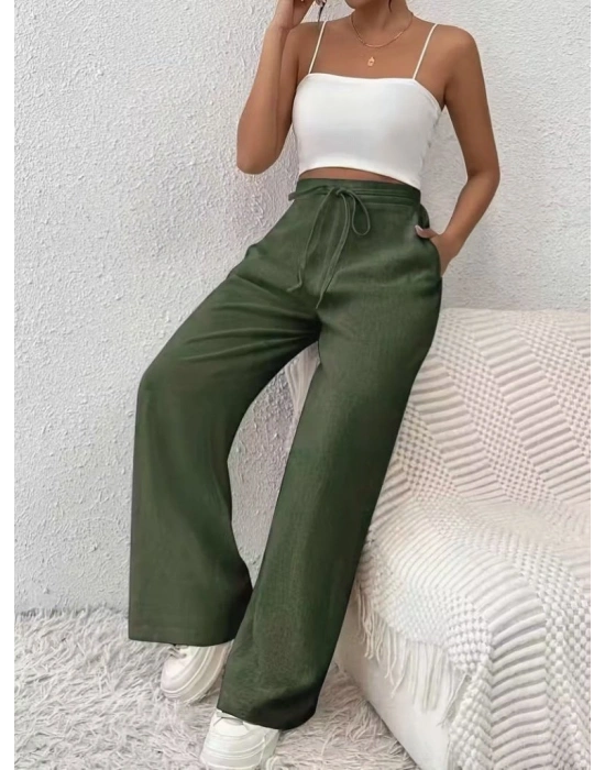 Kadın Yüksek Bel önden Bağlamalı Geniş Kesim Keten Pantolon
