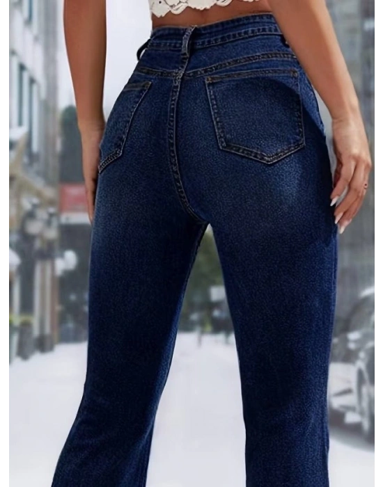 Kadın Yüksek Bel önden Düğme Detaylı Parçaya Doğru Geniş Kot Pantolon