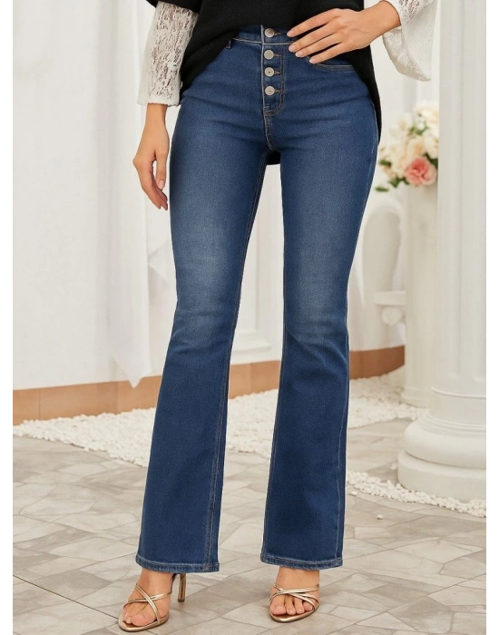 Kadın Yüksek Bel önden Düğmeli Cep Detay Ispanyol Paça Denim Pantolon