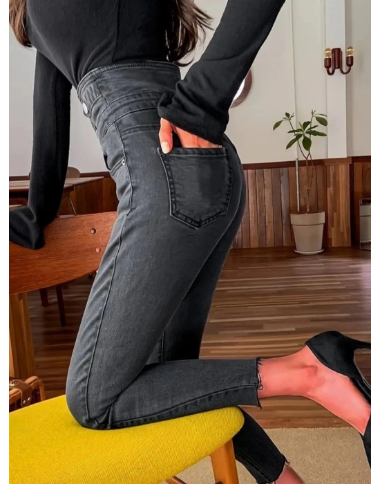 Kadın Yüksek Bel önden Düğmeli Cepli Dar Kesim Detaylı Kot Pantolon