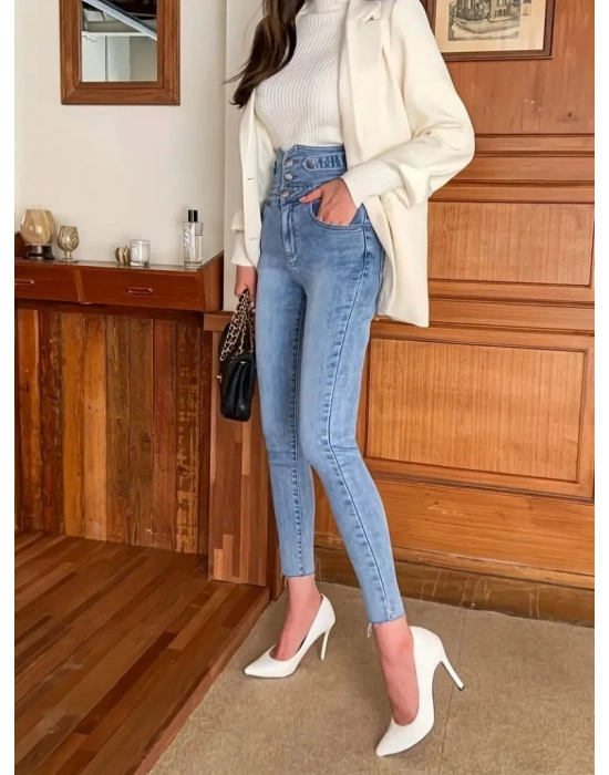 Kadın Yüksek Bel önden Düğmeli Cepli Dar Kesim Detaylı Kot Pantolon