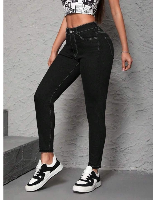 Kadın Yüksek Bel önden Düğmeli Dar Kesim Kot Pantolon