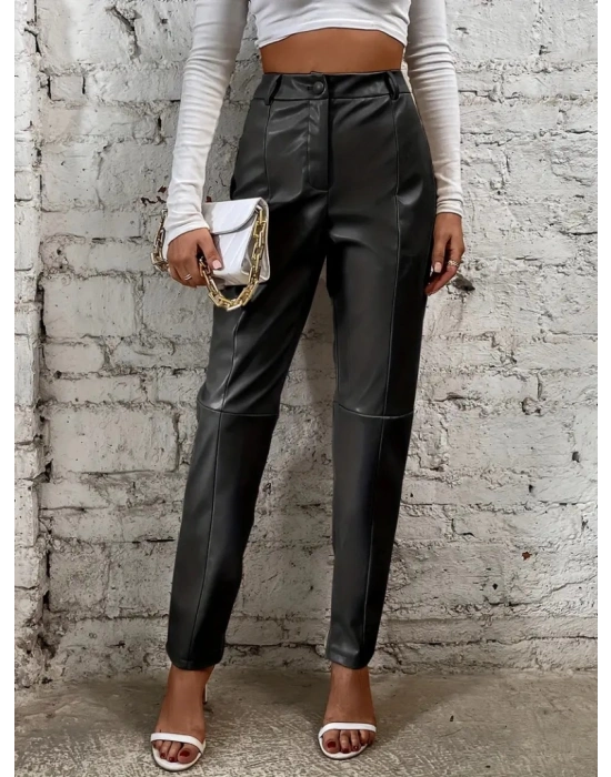 Kadın Yüksek Bel önden Düğmeli Deri Pantolon