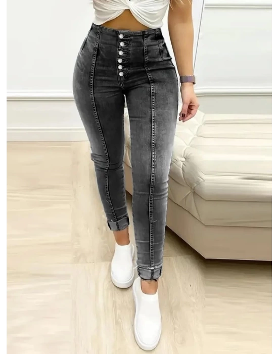 Kadın Yüksek Bel önden Düğmeli Jean Pantolon