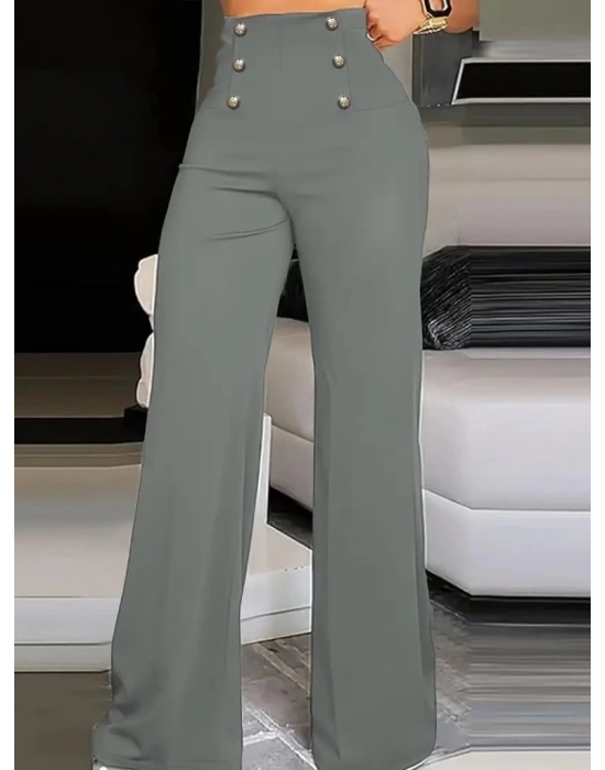 Kadın Yüksek Bel önden Düğmeli Uzun Paçaya Doğru Geniş Ithal Krep Pantolon