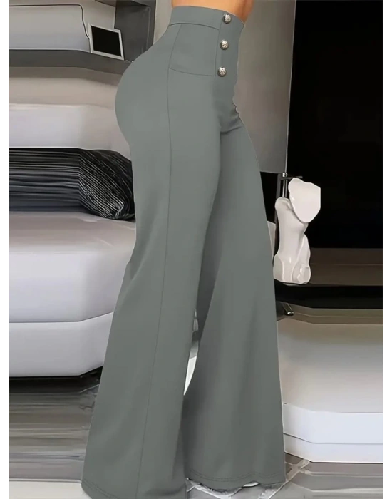 Kadın Yüksek Bel önden Düğmeli Uzun Paçaya Doğru Geniş Ithal Krep Pantolon