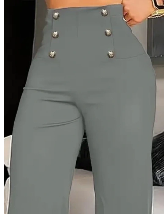 Kadın Yüksek Bel önden Düğmeli Uzun Paçaya Doğru Geniş Ithal Krep Pantolon