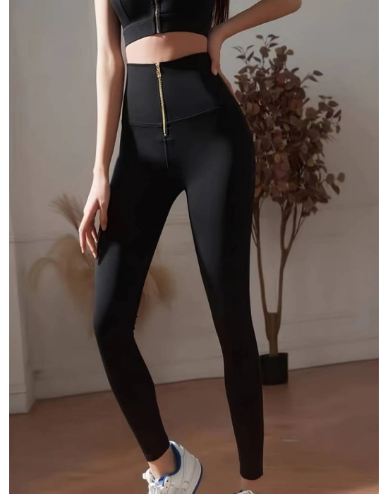 Kadın Yüksek Bel önden Fermuarlı Spor Dalgıç Tayt