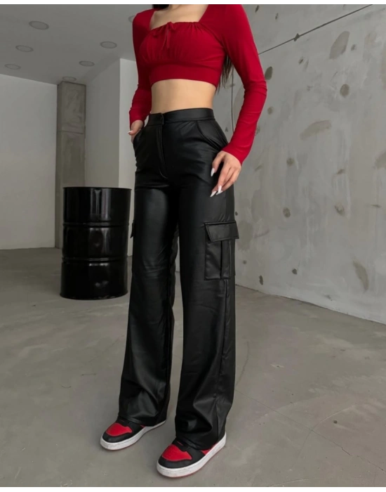 Kadın Yüksek Bel önden Fermuarlı Yandan Cep Detaylı Deri Kargo Pantolon