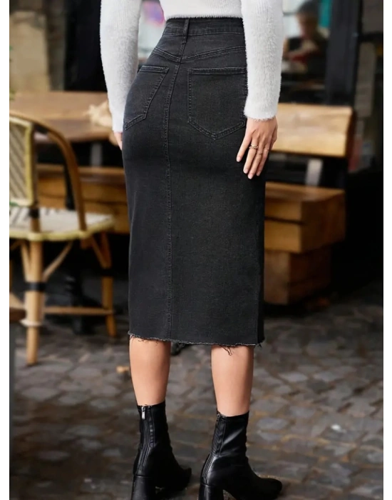 Kadın Yüksek Bel önden Yırtmaçlı Cepli Midi Kot Etek