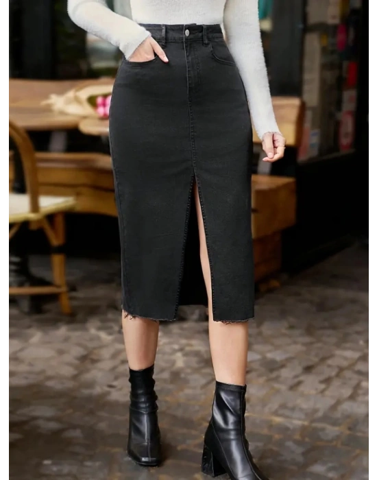 Kadın Yüksek Bel önden Yırtmaçlı Cepli Midi Kot Etek