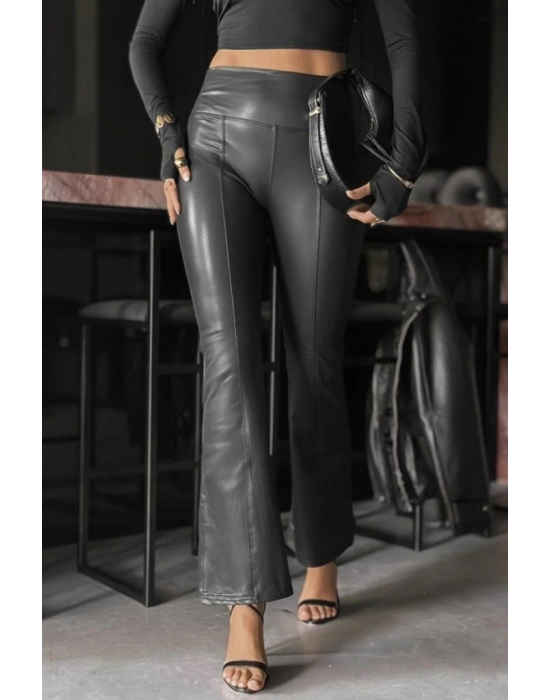Kadın Yüksek Bel Paçaya Doğru Geniş Deri Pantolon