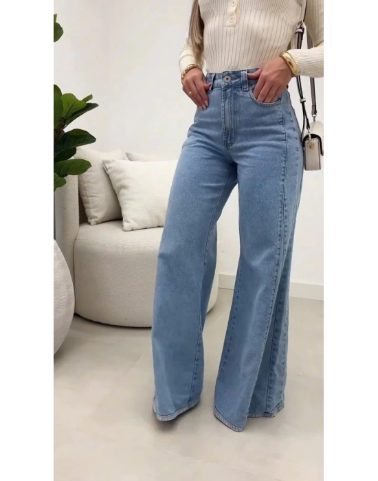 Kadın Yüksek Bel Paçaya Doğru Geniş Kesimli Kot Pantolon