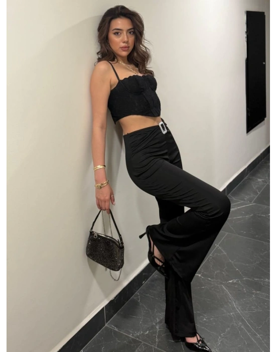 Kadın Yüksek Bel Tokalı Ispanyol Paçalı Dalgıç Pantolon