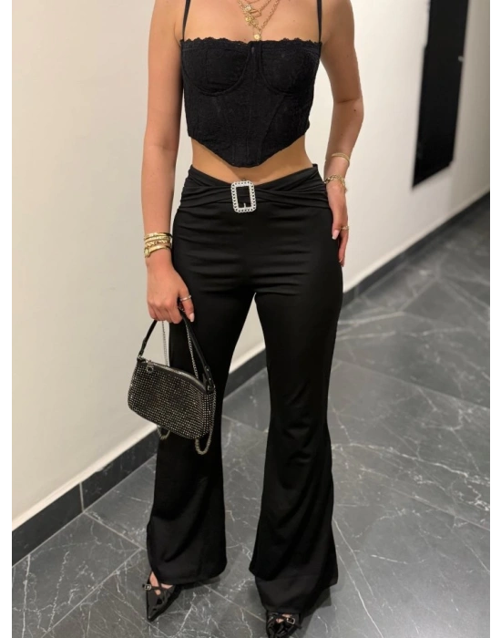 Kadın Yüksek Bel Tokalı Ispanyol Paçalı Dalgıç Pantolon