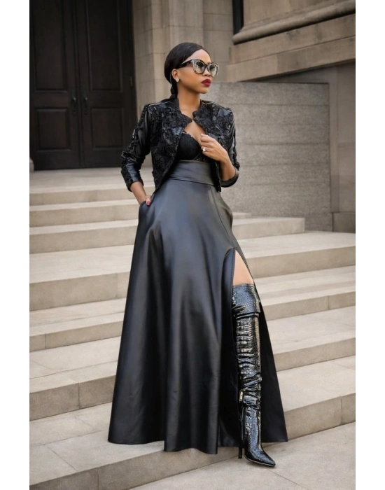 Kadın Yüksek Bel Uzun Yırtmaçlı Deri Etek