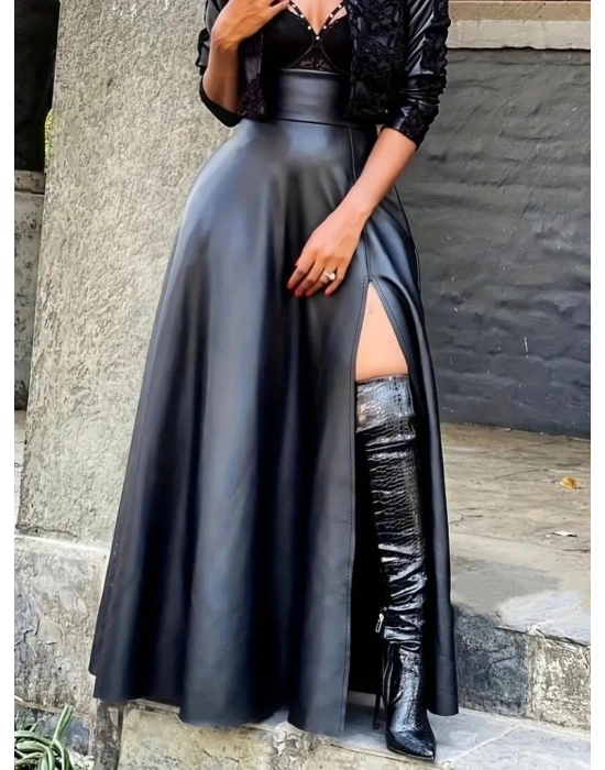 Kadın Yüksek Bel Uzun Yırtmaçlı Deri Etek