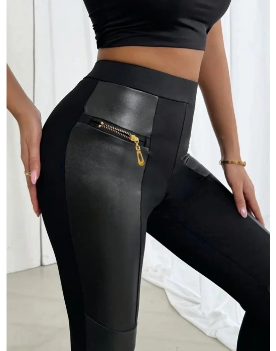 Kadın Yüksek Bel Yan şerit Deri Detay Fermuarlı Dalgıç Tayt