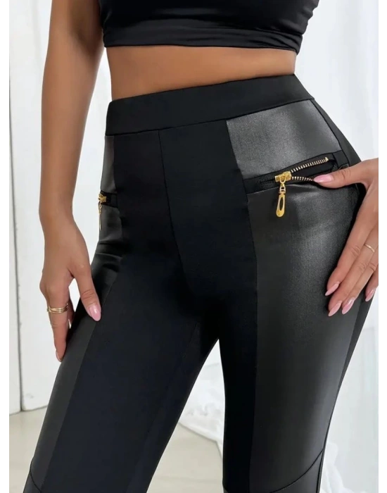 Kadın Yüksek Bel Yan şerit Deri Detay Fermuarlı Dalgıç Tayt