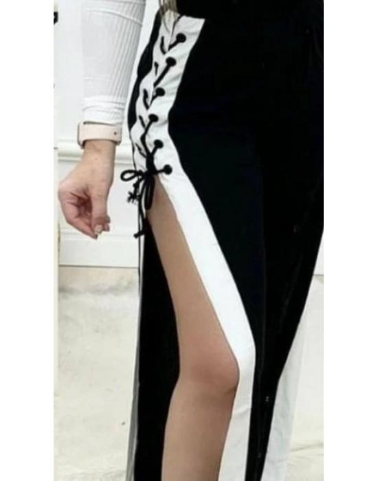 Kadın Yüksek Bel Yandan çapraz Bağcıklı Yırtmaçlı Viskon Iki Iplik Pantolon