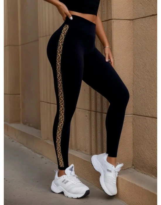 Kadın Yüksek Bel Yandan Leopar Desen Detaylı Dalgıç Tayt