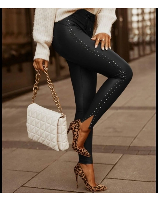 Kadın Yüksek Bel Yanlardan Incili Yırtmaçlı Uzun Deri Tayt