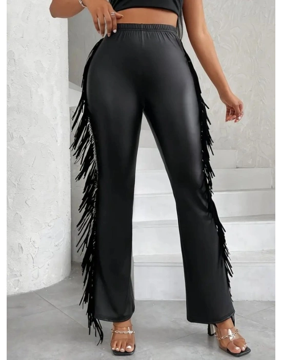 Kadın Yüksek Bel Yanlardan Püsküllü Deri Pantolon