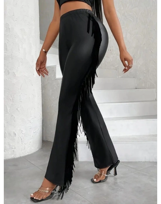 Kadın Yüksek Bel Yanlardan Püsküllü Deri Pantolon