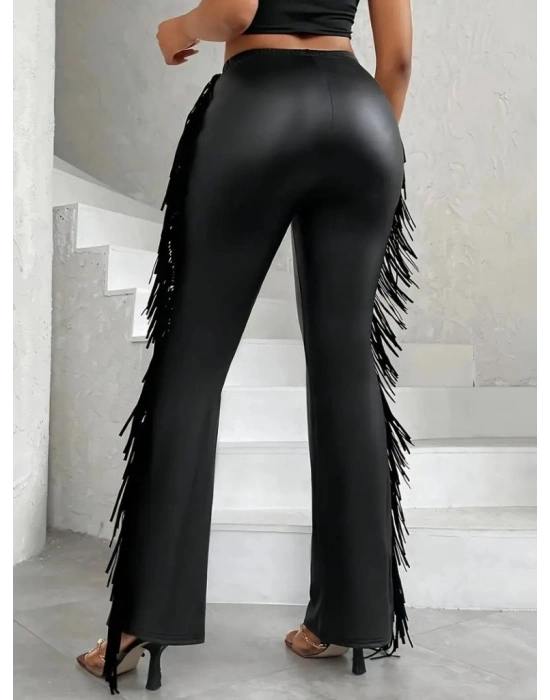 Kadın Yüksek Bel Yanlardan Püsküllü Deri Pantolon