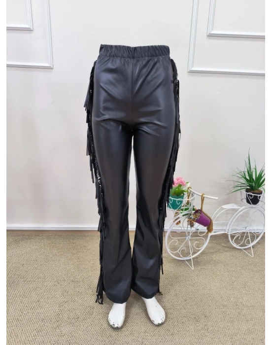 Kadın Yüksek Bel Yanlardan Püsküllü Deri Pantolon