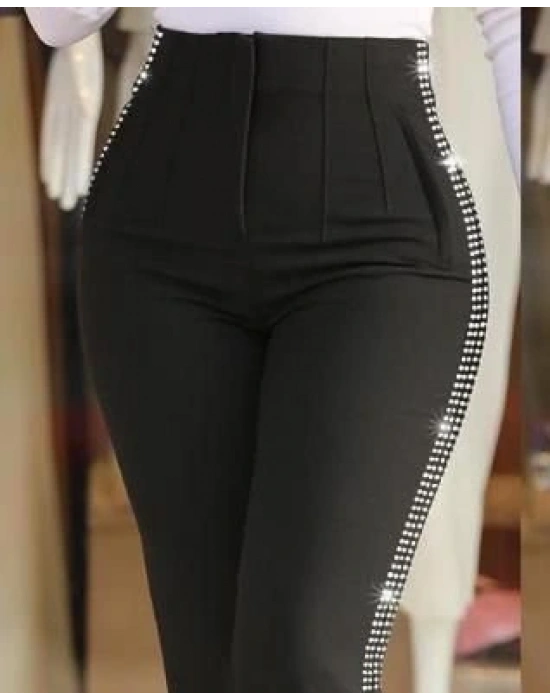 Kadın Yüksek Bel Yanlardan Taş Detaylı Ithal Krep Pantolon