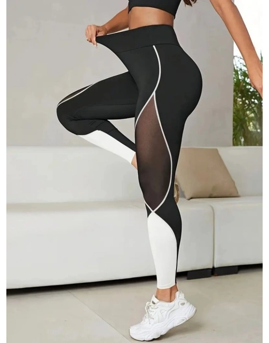 Kadın Yüksek Bel Yanlardan Tül Detaylı çift Renkli Spor Dalgıç Tayt