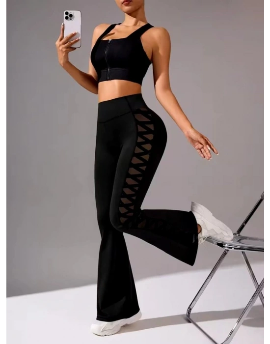 Kadın Yüksek Bel Yanları çapraz Tül Detaylı Dalgıç Tayt