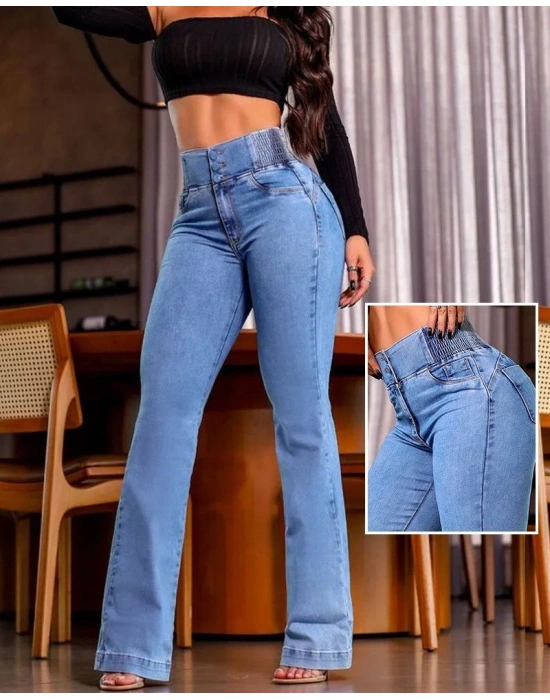 Kadın Yüksek Bel Yanları Lastik önü Düğmeli Kot Pantolon