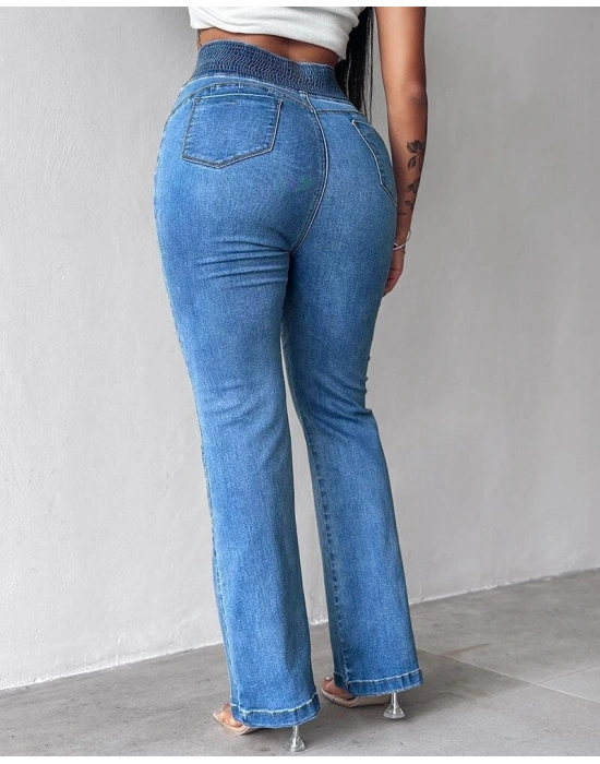 Kadın Yüksek Bel Yanları Lastik önü Düğmeli Kot Pantolon