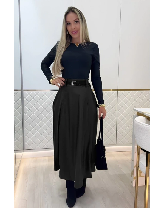 Kadın Yüksek Belli Maxi Deri Kemersiz Etek