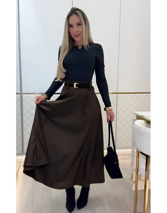 Kadın Yüksek Belli Maxi Deri Kemersiz Etek